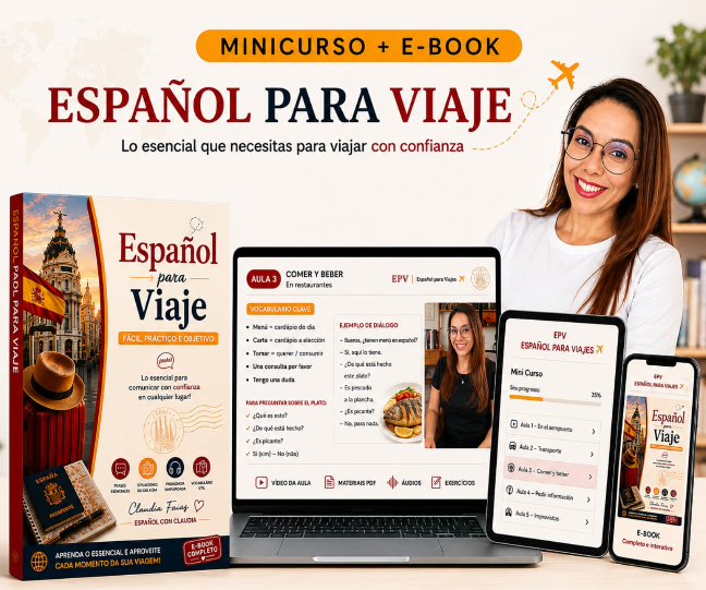 Minicurso e e-book Espanhol para Viagem: vídeo, flipbook, e-book e áudios