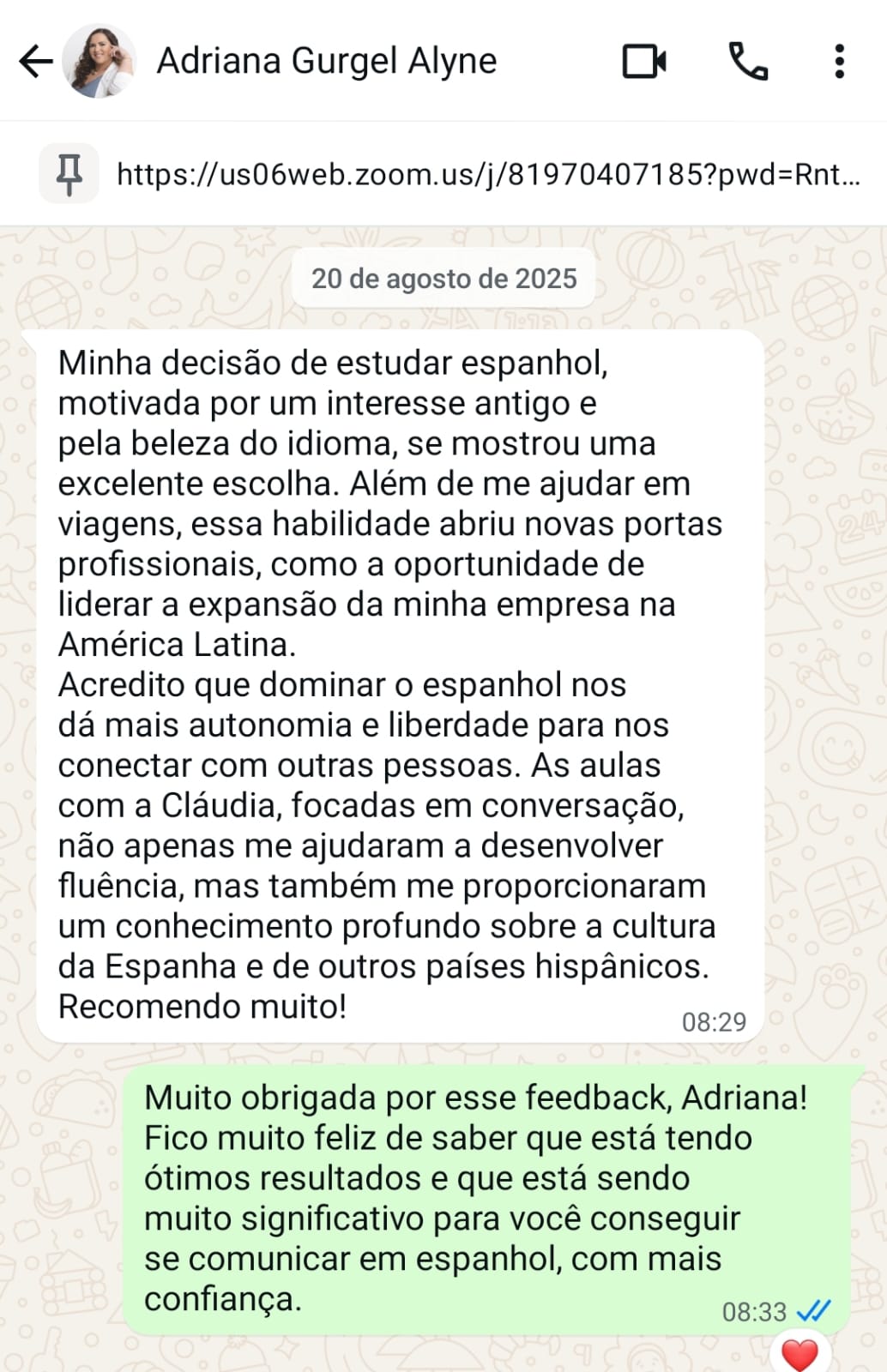 Depoimento de aluna pelo WhatsApp