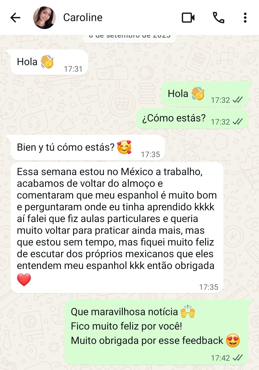 Depoimento de aluna pelo WhatsApp