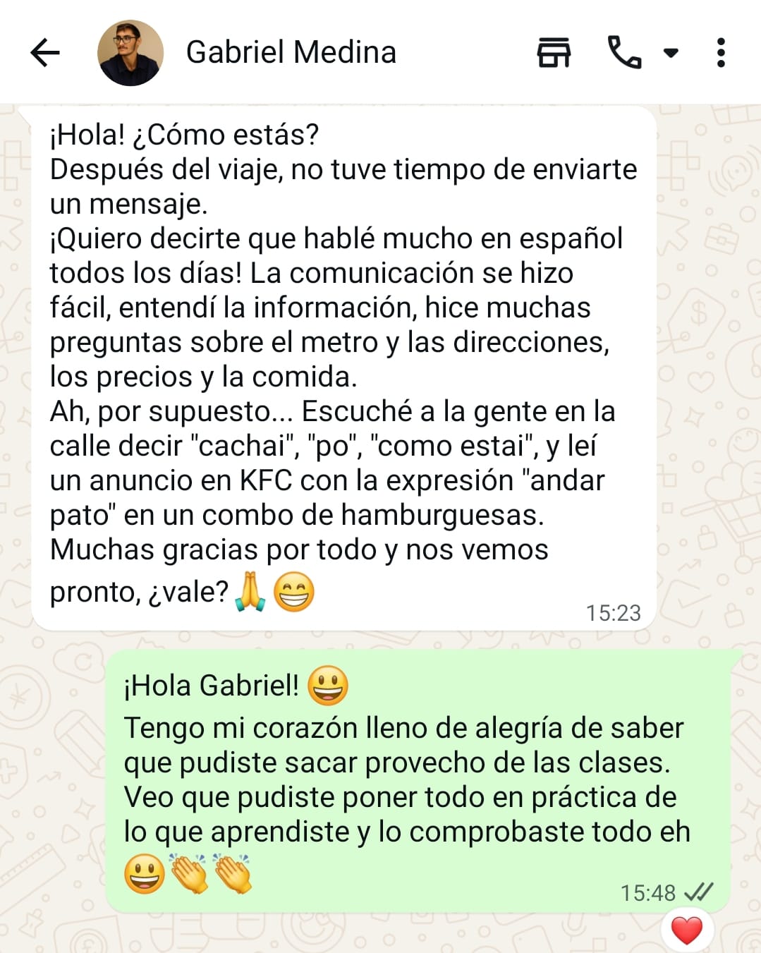 Depoimento de aluno pelo WhatsApp